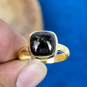 Natural Copper Shungite Square Shape Gemstone <b>Ring</b> 18k <b>Gold</b> Micron Over 925 Sterling Silver - Product Image 2
