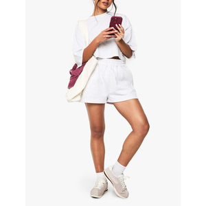 Conjunto de Verano para Mujer, Top Corto con Hombros Caídos y Pantalones Cortos con Cordón en la Cintura, Color Sólido, 100% Algodón, Venta Caliente - Product Image 6