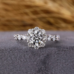 Bague de fiançailles et d'anniversaire en or massif 14K au design antique Diamant halo unique cultivé en laboratoire pour femme - Product Image 1