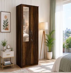 Compact dark walnut finish two door wooden <b>wardrobe</b> featuring a front door <b>mirror</b>, available at wholesale prices. - Product Image 1