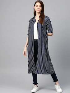 Women's Rayon Stripe Printed Long <b>Shrug</b> Blue Half Sleeves Shirt Collar Open Front Casual Layering Fashion <b>Shrug</b> For Women's - Product Image 4