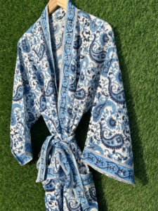 100% Cotton Soft V-neck Full Length Handcrafted <b>Kimono</b> Bathrobe Paisley Floral Block Print Casual Robe Lightweight Sleepwear - Product Image 4