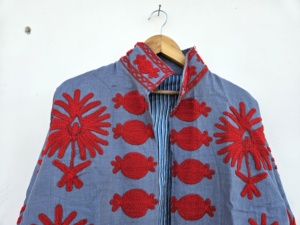 Breathable 100% Velvet Suzani Embroidered Floral Printed Jacket <b>Covered</b> <b>Button</b> Closure Full Sleeve for Women's Spring Autumn - Product Image 2