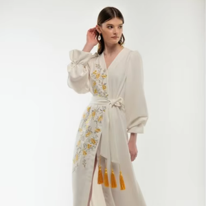 Cotton Embroidered <b>Boho</b> Wrap Maxi <b>Dress</b> Women Ivory Floral Long Sleeve Vintage Ethnic <b>Summer</b> <b>Dress</b> - Product Image 1