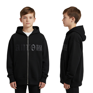 Sweat à capuche zippé noir personnalisé pour enfants, en coton épais, vierge, pour garçons, coupe oversize, avec motifs, en molleton, vente en gros fabricant - Product Image 3