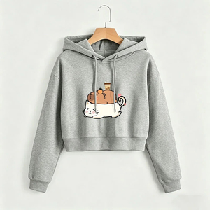 Women's Black Hoodie Cartoon <b>Cat</b> Coffee Print Cotton Knitted Casual Autumn Style Front Logo Short Length Regular Sleeve - Product Image 5