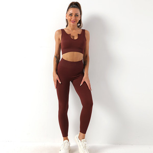 <b>Black</b> 2-Piece <b>Yoga</b> Set High Waist <b>Leggings</b> Scoop Neck Crop Top Racerback Seamless Four-Way Stretch Solid Color Workout Wear - Product Image 2