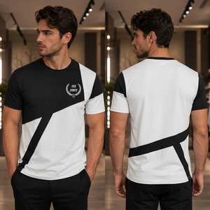 New 2026 Model Men's Black <b>White</b> Geometric Print Short Sleeve T-Shirt Slim Fit Breathable Jersey O-Neck Sporty Style - Product Image 6