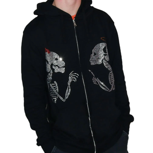 Sudadera con Capucha Negra para Hombre, Diseño de Calaveras con Pedrería, Estilo Gótico, Corte Regular, Cierre Frontal con Cremallera, 100% Algodón Tejido, Ropa de Otoño - Product Image 6