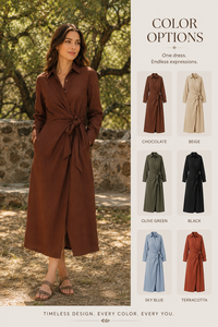 Robe chemise 100% coton à manches longues, avec nœud à nouer sur le devant, col à revers, robe midi vintage, toutes saisons, couleur unie, robe moderne avec poches - Product Image 5