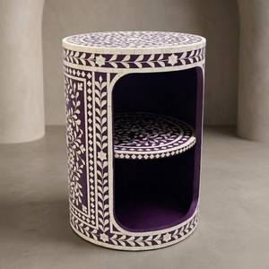 Round Arabic Flower Pattern Bone Inlay Nightstand with Carved Design Double-Tier <b>Storage</b> Bedside Table for Home Office Decor - Product Image 3