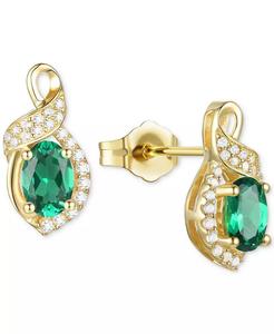 Lab-Grown <b>Emerald</b> (3/4 ct. t.w.) & Lab-Grown White Sapphire (1/6 ct. t.w.) Oval Swirl <b>Stud</b> Earrings in 14k Gold-Plated Sterling - Product Image 1