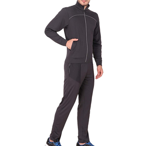 Men's Dark Gray Full Zip <b>Tracksuit</b> Set Solid Color Sporty Style Quick Dry Polyester Long Sleeve Pants With Side Pockets - Product Image 4