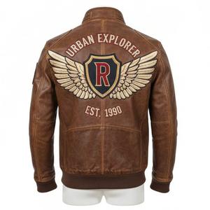 แจ็คเก็ตหนังแท้สีน้ำตาลสไตล์วินเทจ ผ้าแคนวาส ทรงสลิมฟิต สำหรับผู้ชาย สไตล์ไบค์เกอร์ บอมเบอร์  รักษ์โลก  งานปักลายสตรีทแวร์ - Product Image 2