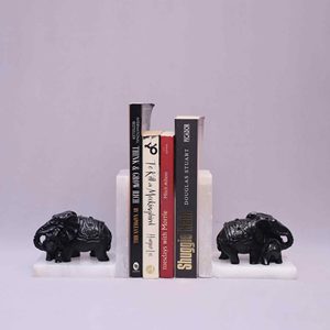 Luxury White Marble Art Deco Engraved Bookends Black <b>Elephant</b> Figurines <b>Decorative</b> Book Holder for Home Office Shelf Desk - Product Image 2