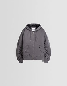 Chaqueta Bomber Negra para Hombre, Color Sólido, Cierre de Cremallera, Cortavientos, Informal, Ropa de Invierno, Cuello Alto de Lona, Relleno de Poliéster - Product Image 2