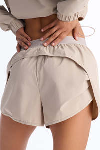 Women Beige Cropped Windbreaker Jacket and <b>Short</b> Set Half <b>Zip</b> Long Sleeve Elasticwaist Casual Sporty Two Piece Outfit Activewear - Product Image 5
