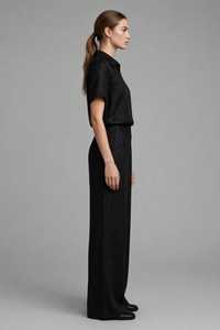 Women's Black Short Sleeve Zip Polo <b>Top</b> <b>and</b> Wide Leg Pants <b>2</b> <b>Piece</b> Long <b>Set</b> - Product Image 2