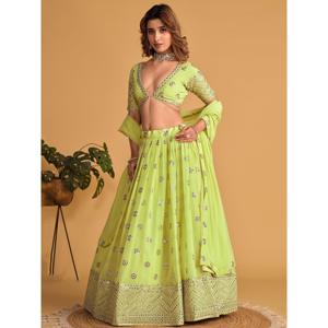 Lehenga choli ผ้าจอร์เจียปักสีเขียวมะนาวแบบดั้งเดิม - Product Image 6