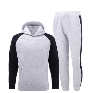2024 hombres 100% algodón polar grueso y cálido manga raglán Color bloque hombres pulóver Sudadera con capucha y pantalones de chándal OEM gimnasio chándales - Product Image 3