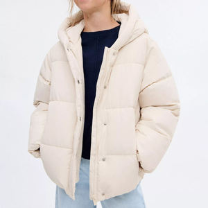 Hooded Puffer <b>Jacket</b> Zipper Closure Windproof Thick Polyester Wadding Winter Coat Unisex Casual Solid Color Regular Fit - Product Image 1