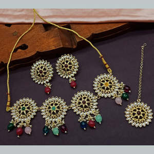 Chapado en oro Kundan piedra gargantilla collar conjunto 10581261ML exquisito conjunto de joyería fina - Product Image 1