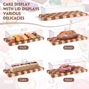 Natural Checked Wooden Serving Tray With Clear Acrylic Cover Food Display Platter For Snack Fruit <b>Hotel</b> <b>Supply</b> Wholesale - Product Image 2
