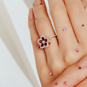 18K <b>Gold</b> Ruby Cherry Blossom Art Deco Statement <b>Ring</b> - Product Image 1