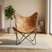 Fauteuil papillon en cuir véritable fait main avec pieds en métal, style mid-century modern, fauteuil de détente pour salon