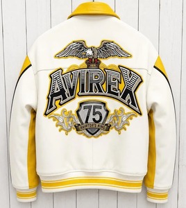 เสื้อแจ็คเก็ตบอมเบอร์สีเหลืองสำหรับผู้ชาย Avirex  ตกแต่งด้วยโลโก้ปัก  คอปกพับได้  ปิดด้วยซิป  หนัง PU กันน้ำ สำหรับฤดูหนาว - Product Image 2
