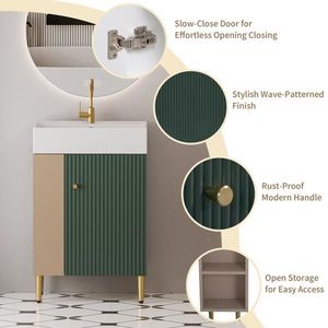 Mobile bagno con ripiano aperto da 21,6 pollici, lavabo in ceramica con chiusura ammortizzata e specchio, armadietto contenitore lato sinistro per guardaroba - Product Image 3
