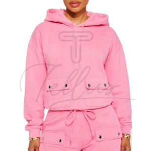 Custom Logo for Two Piece Hoodie <b>Set</b> Cut <b>Sew</b> Cotton Sun Faded Sweatsuit Cropped Short Summer Lightweight Breathable Women - Product Image 5