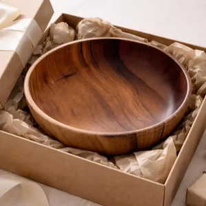 Bol à salade artisanal en bois d'acacia poli pour les fêtes, grain unique, écologique - Product Image 1