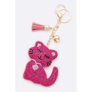 Portachiavi in Metallo con Cuscino di Cristallo a Forma di Gatto Rosa - Product Image 1