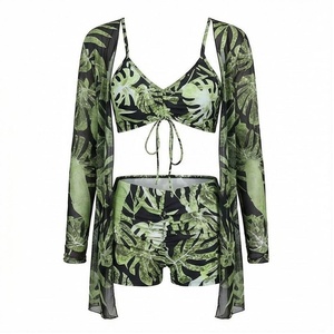 Ensemble de maillot de bain 2 pièces pour femme, imprimé feuilles tropicales, avec haut dos nu et short de plage - Product Image 1