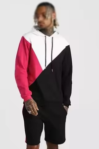 Conjunto de Sudadera con Capucha y Pantalones Deportivos para Hombre, Diseño Color Block, Negro, Rosa y Blanco, Manga Larga, Estilo Urbano, Corte Regular, Cierre con Cordón, Bolsillos Laterales - Product Image 2
