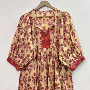 Robe décontractée mi-longue en coton tissé uni pour femme, toutes saisons, manches ballon, taille empire, style babydoll, col en V oversize - Product Image 5