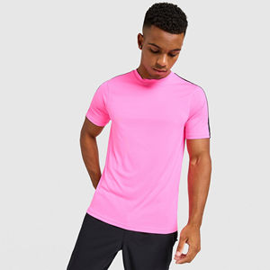 <b>Mens</b> Neon Pink Crew Neck T-<b>Shirt</b> Short Sleeve Contrast Shoulder Piping Active Fit Cotton Top Custom Logo OEM ODM Wholesale - Product Image 1