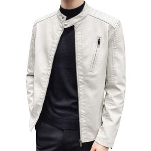 Men's Premium White Genuine Leather <b>Biker</b> <b>Jacket</b> Stand Collar Slim Fit Motorcycle <b>Jacket</b> with Zipper Pockets Casual Fashion - Product Image 2