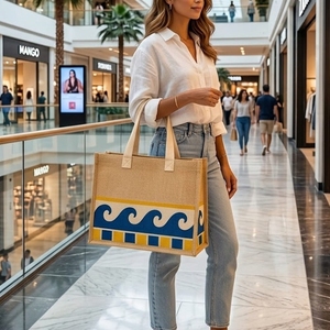 Sac de courses en jute naturel laminé, sac de courses pour la vente au détail, 42x35x15 cm, logo personnalisé, vente en gros, OEM, marque privée, modèle PH-JT-20 - Product Image 5