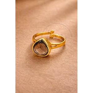 Anillo Ajustable de Latón con Cuarzo Ahumado Natural en Forma de Pera, Bañado en Oro, Clásico y Elegante para Mujer - Product Image 3
