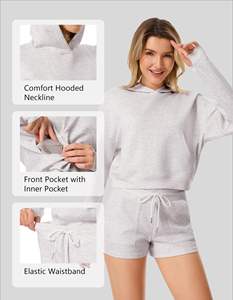 Conjunto de 2 Piezas para Mujer, Ropa Casual de Calle, Sudadera con Capucha y Pantalones Cortos, Sudadera con Capucha y Pantalones Cortos a Juego, 100% Algodón Felpa - Product Image 3