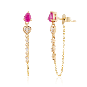 Pendientes Minimalistas y Elegantes con Diseño Nuevo, Rubí y Diamante, Cadena de Oro Amarillo Real de 14K, Piedra de Nacimiento de Julio, Joyería con Piedras Preciosas Personalizadas - Product Image 3