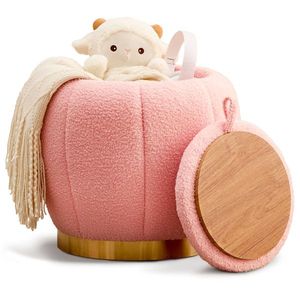 Modern Round Floral <b>Storage</b> Ottoman Soft Padded Teddy Velvet Footstool with Accent <b>Small</b> <b>Table</b> Plant Stand - Product Image 1