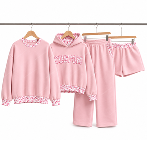 Custom Design Pink 2 Piece Winter Eco-Friendly for Set Women Hoodie Sweatshirt <b>Shorts</b> Pants Fashion Streetwear - Product Image 3