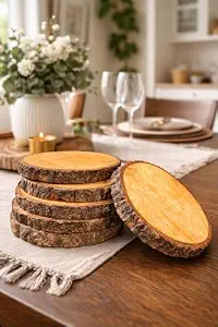Ensemble de sous-verres rustiques faits à la main en bois 100 % naturel, motifs floraux, rondes, avec détails de l'écorce - Product Image 4