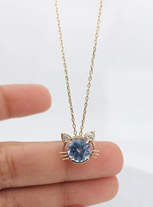 Cute <b>Cat</b> Face Pendant <b>Necklace</b> Gold Plated Crystal Rhinestone Bezel Setting Everyday Wear Unisex Jewelry - Product Image 1