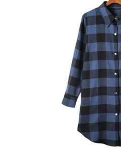 Vestido Camisero Largo a Cuadros Azul y Negro Personalizado para Mujer, Estilo Túnica Casual con Botones, Holgado y Suave de Algodón y Lino - Product Image 3