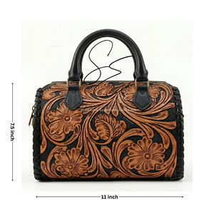 Sac de voyage mini en cuir véritable double tonalité style western, avec fermeture éclair en cuir repoussé, sac Speedy tendance en cuir de vachette noir de taille moyenne pour cowgirl - Product Image 3