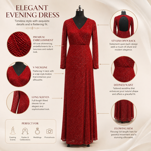 Robe de soirée élégante rouge à paillettes |   Robe longue de soirée formelle à manches longues, col en V, coupe trapèze, style portefeuille, dos ouvert, pour femme - Product Image 5